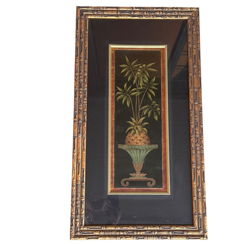 Vintage Tropical Pineapple Art Faux Bamboo Gold Frame Hollywood Regency 29x15